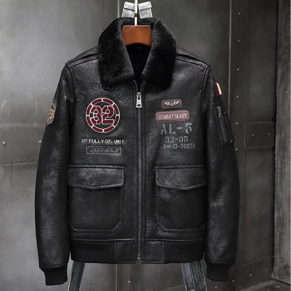 Men's Black Shearling Leather Jacket - Airforce Flight Coat - AMSEL LEATHERS