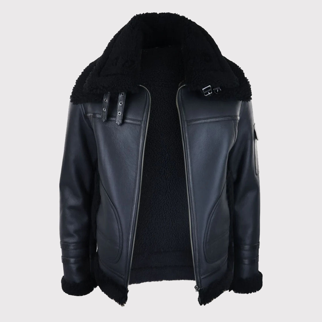 Men's Black Shearling Sheepskin Zipped Flying Jacket - AMSEL LEATHERS