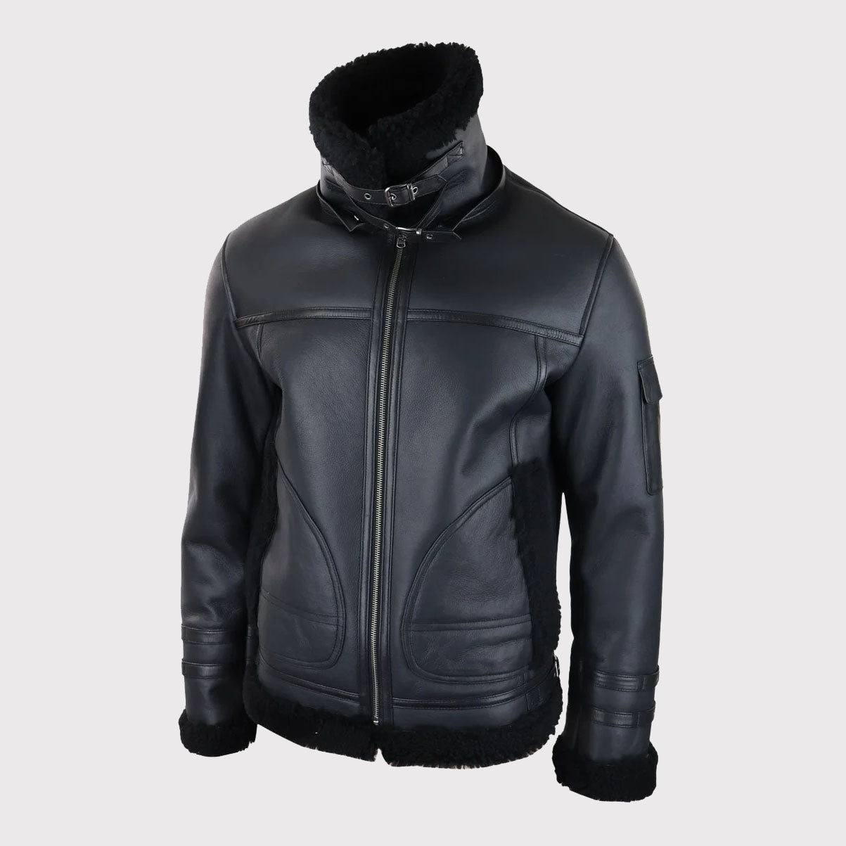 Men's Black Shearling Sheepskin Zipped Flying Jacket - AMSEL LEATHERS