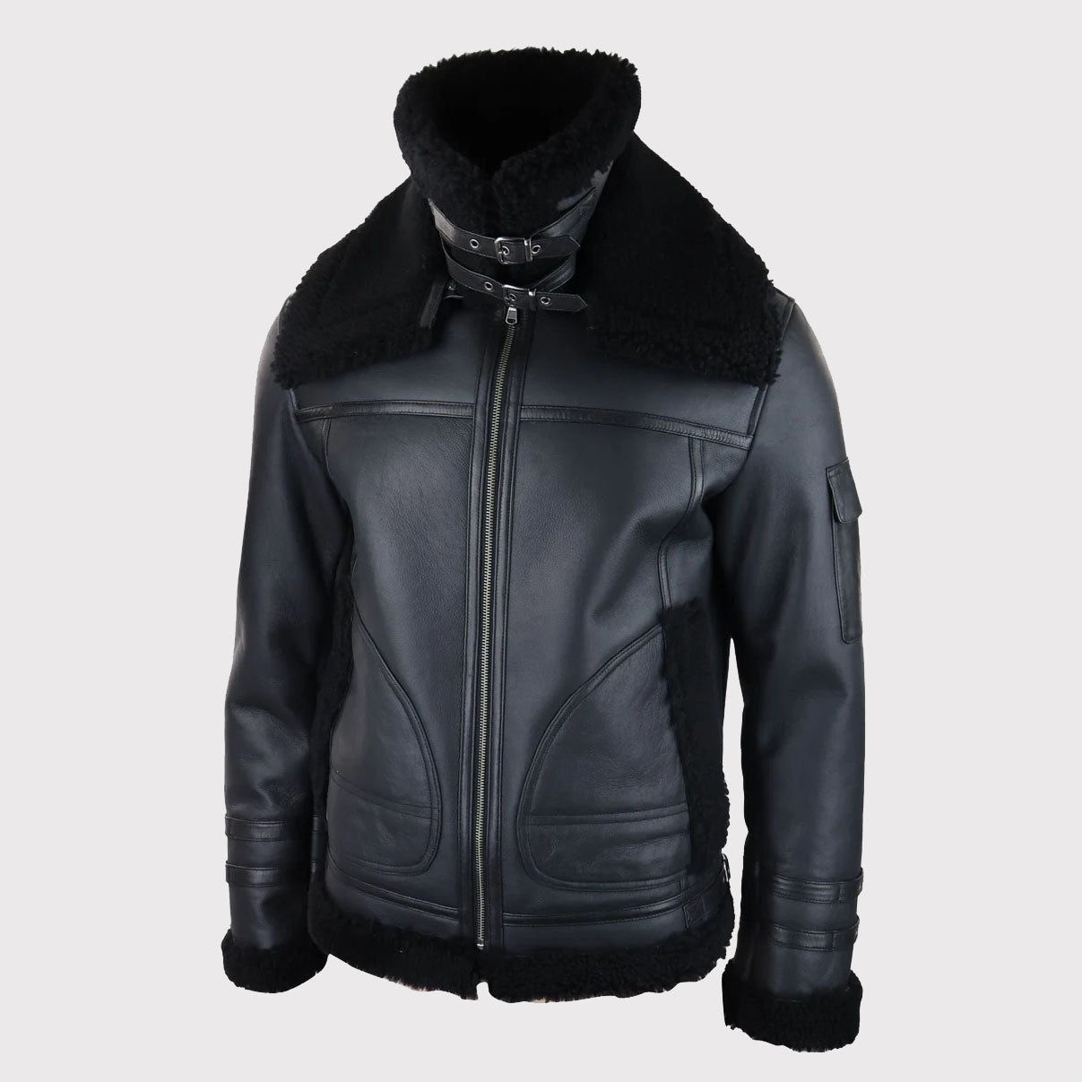 Men's Black Shearling Sheepskin Zipped Flying Jacket - AMSEL LEATHERS