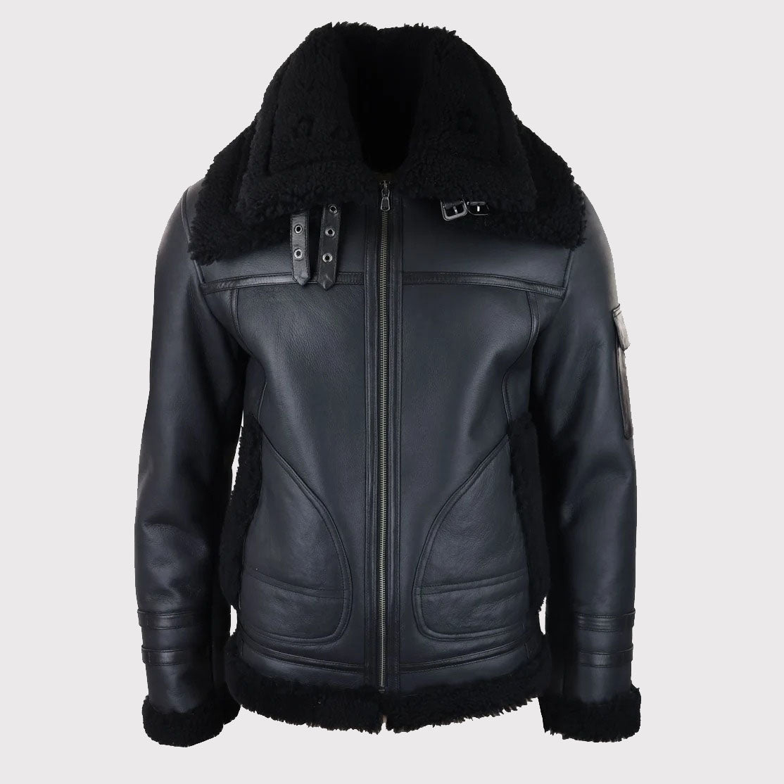 Men's Black Shearling Sheepskin Zipped Flying Jacket - AMSEL LEATHERS