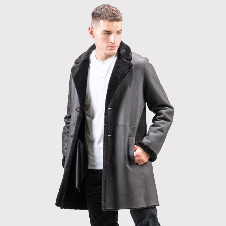 Men's Black Real Sheepskin Suede Coat - AMSEL LEATHERS