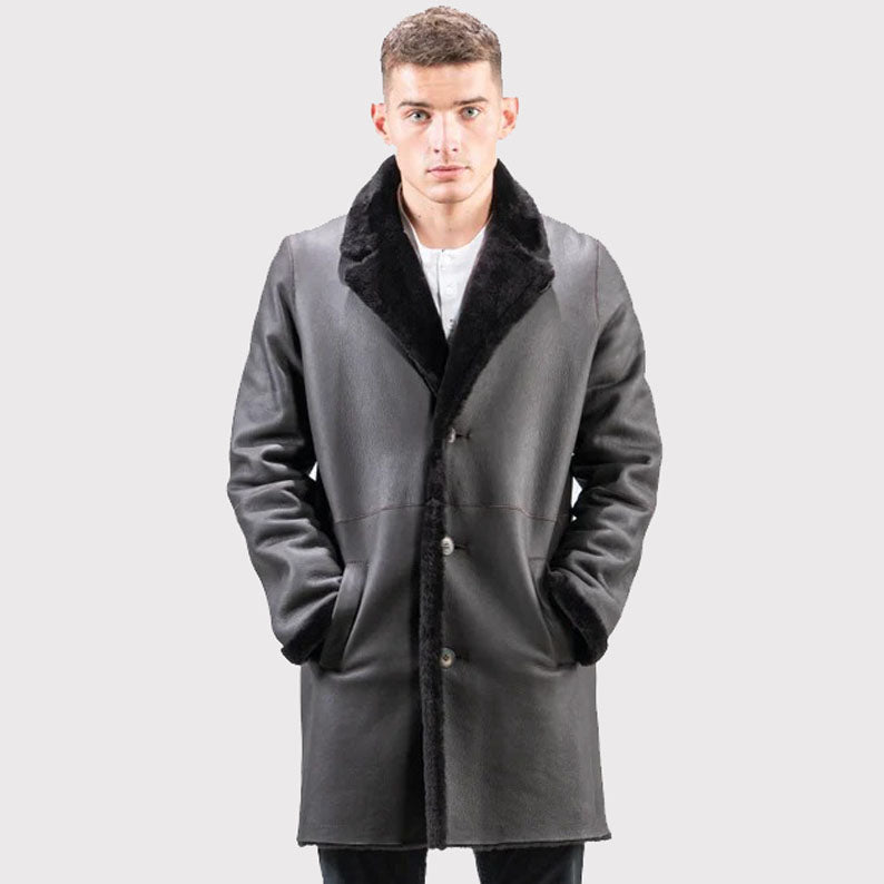 Men's Black Real Sheepskin Suede Coat - AMSEL LEATHERS