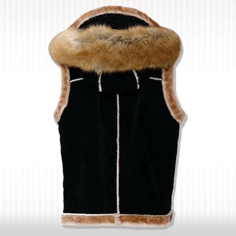 Men's Black Suede Leather Shearling Vest - Hooded Sleeveless Jacket - AMSEL LEATHERS