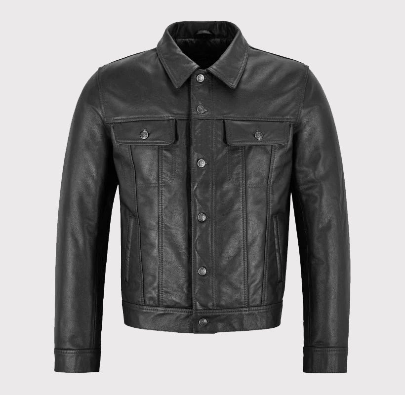 Classic Black Trucker Western Leather Jacket Shirt for Men - AMSEL LEATHERS