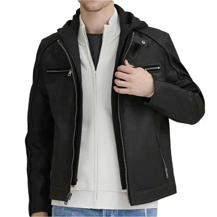 Men's Black Vintage Hooded Leather Jacket - AMSEL LEATHERS