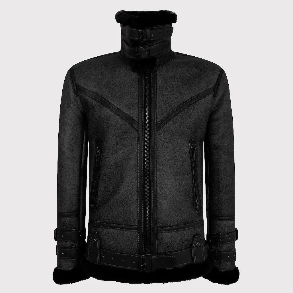 Men's Classic Black Vintage Shearling Sheepskin Flying Jacket Amsel Leathers