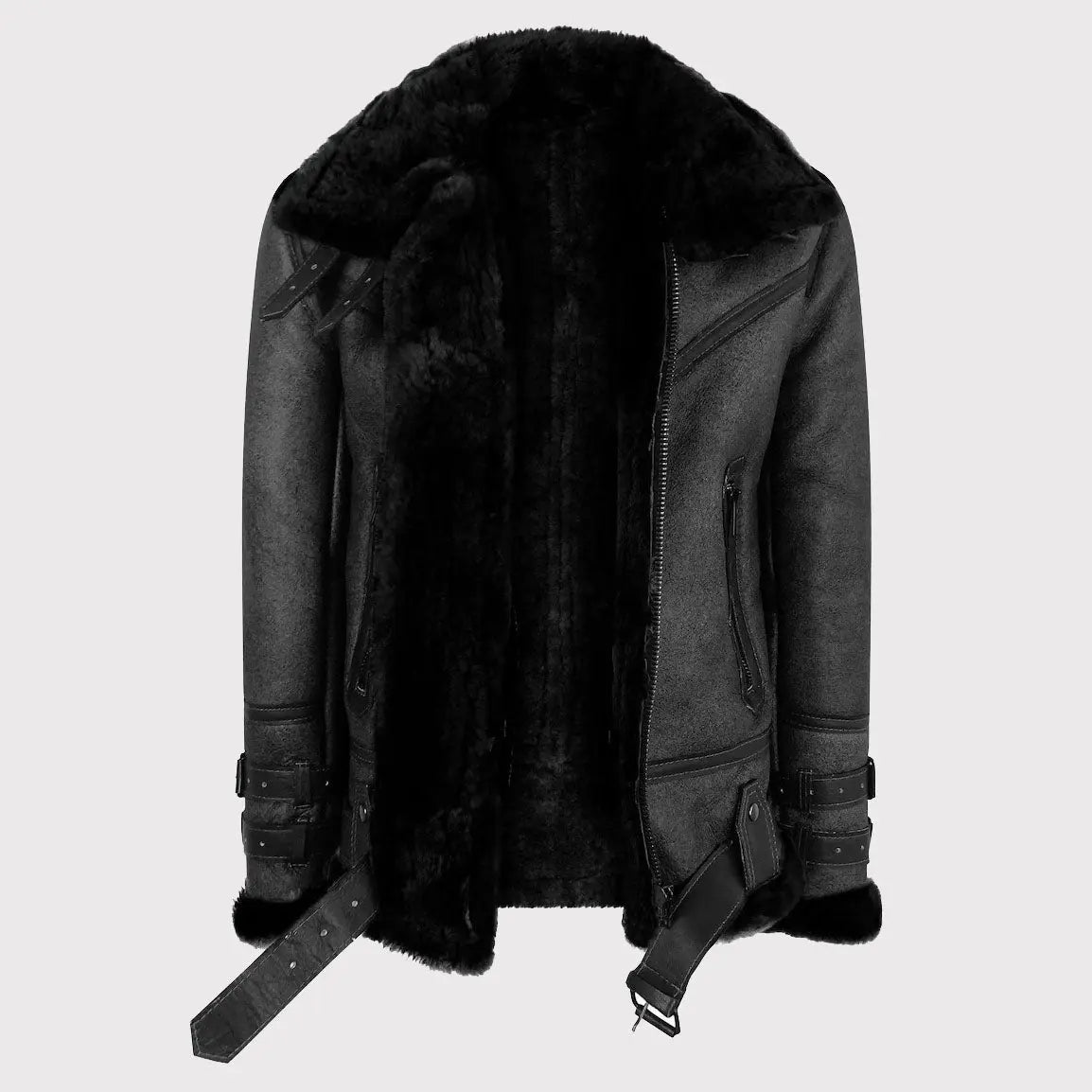 Men's Classic Black Vintage Shearling Sheepskin Flying Jacket Amsel Leathers