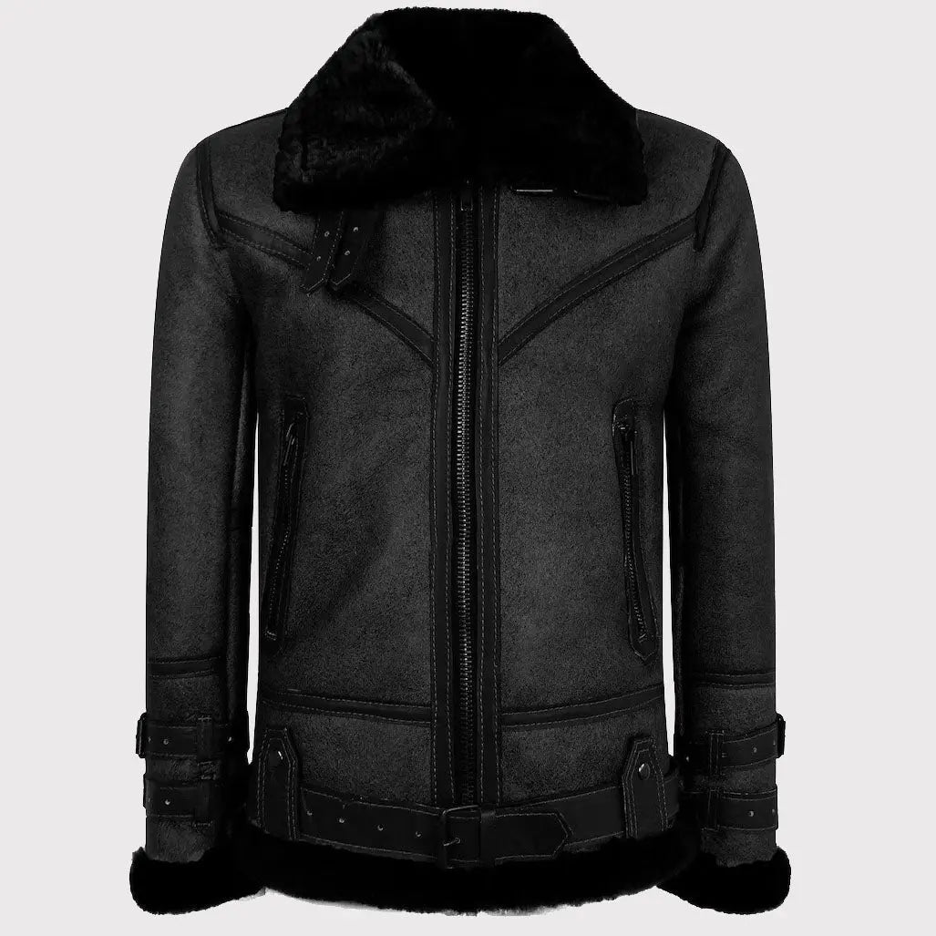 Men's Classic Black Vintage Shearling Sheepskin Flying Jacket Amsel Leathers