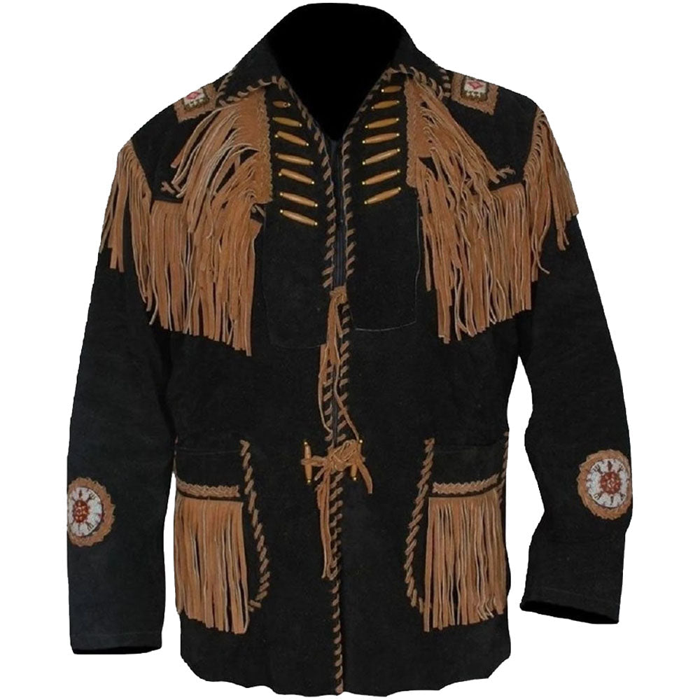 Men's Black Western Cowboy Suede Leather Jacket with Fringes - AMSEL LEATHERS