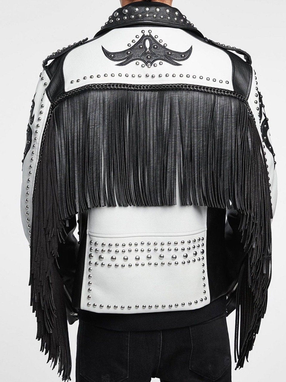 New Men’s Black & White Silver Studded Cowboy Leather Jacket with Fringes - AMSEL LEATHERS