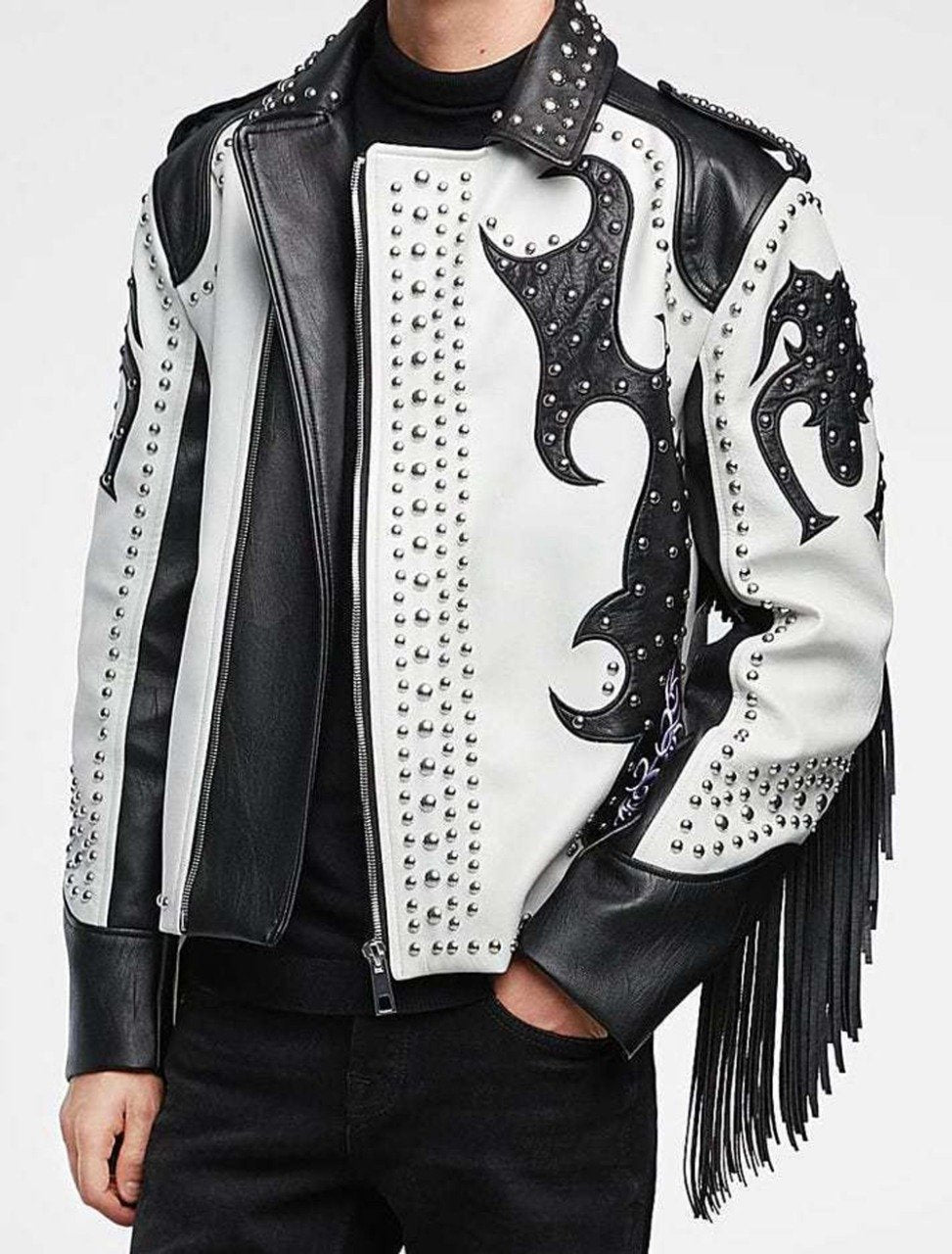 New Men’s Black & White Silver Studded Cowboy Leather Jacket with Fringes - AMSEL LEATHERS