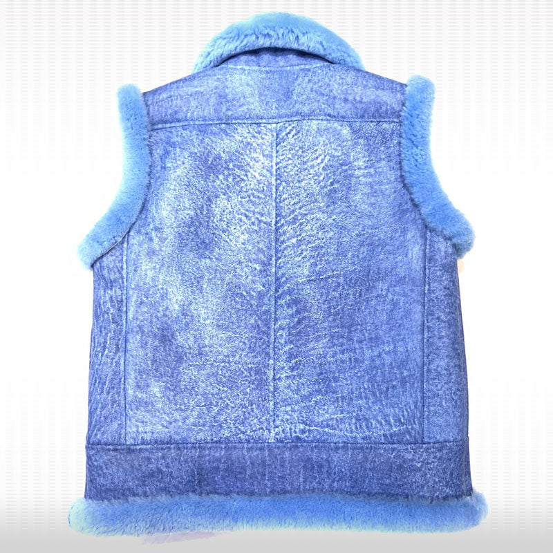 Men's Blue Leather Sheepskin Shearling Vest - AMSEL LEATHERS