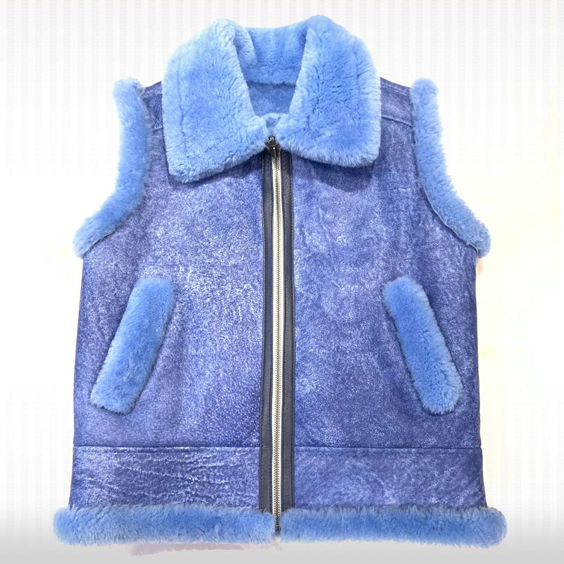 Men's Blue Leather Sheepskin Shearling Vest - AMSEL LEATHERS