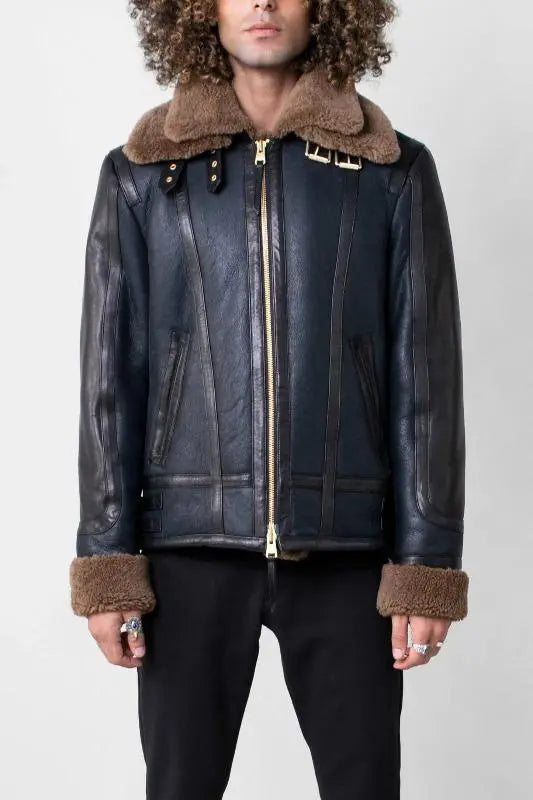 Men's Blue Sheepskin Shearling Leather Jacket Amsel Leathers