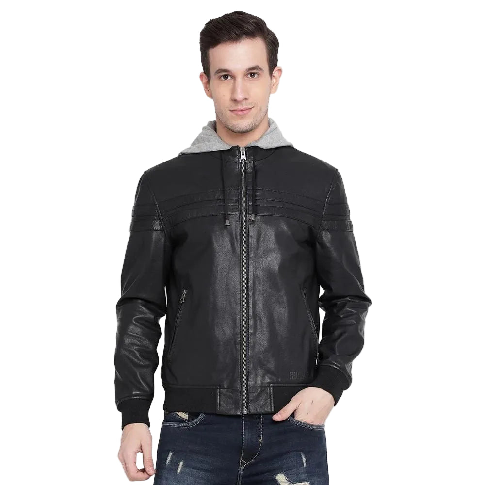 • black hooded leather jacket mens front view
