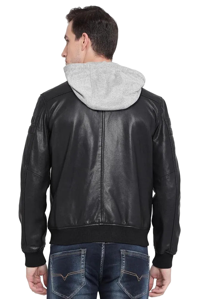 • mens leather jacket with hood detail
