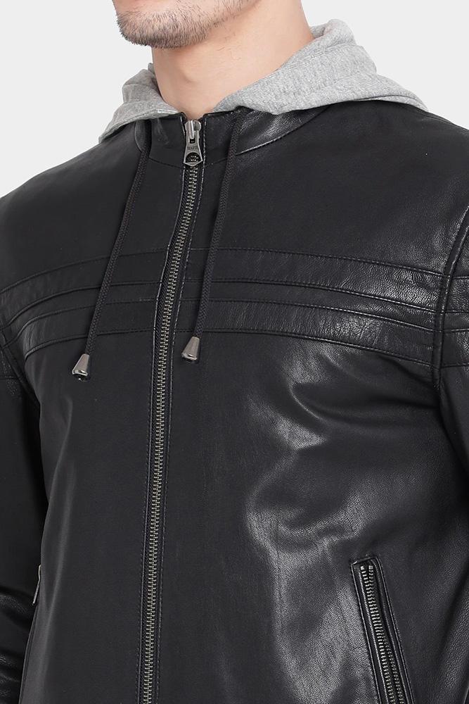 • hooded leather jacket zipper close up
