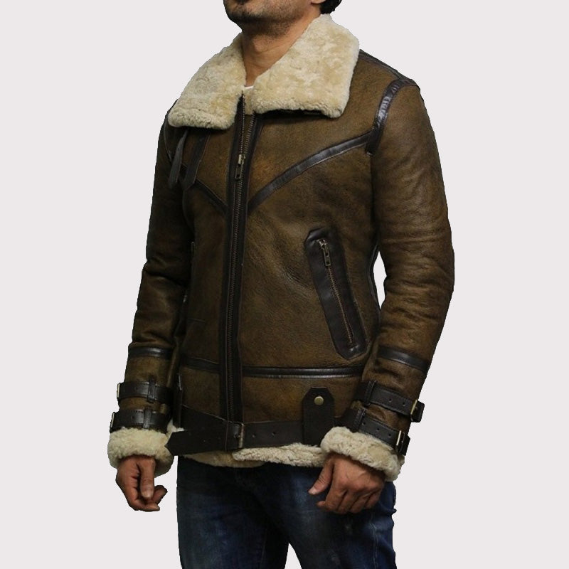 Men's Brown B3 Bomber Sheepskin Jacket - AMSEL LEATHERS