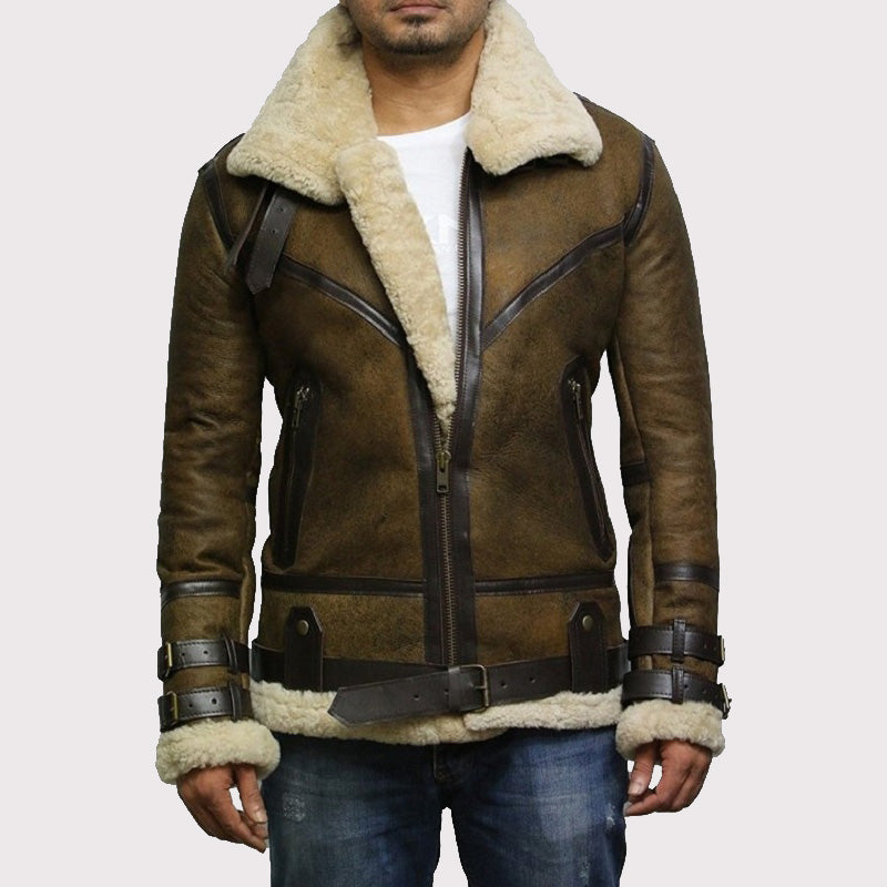 Men's Brown B3 Bomber Sheepskin Jacket - AMSEL LEATHERS