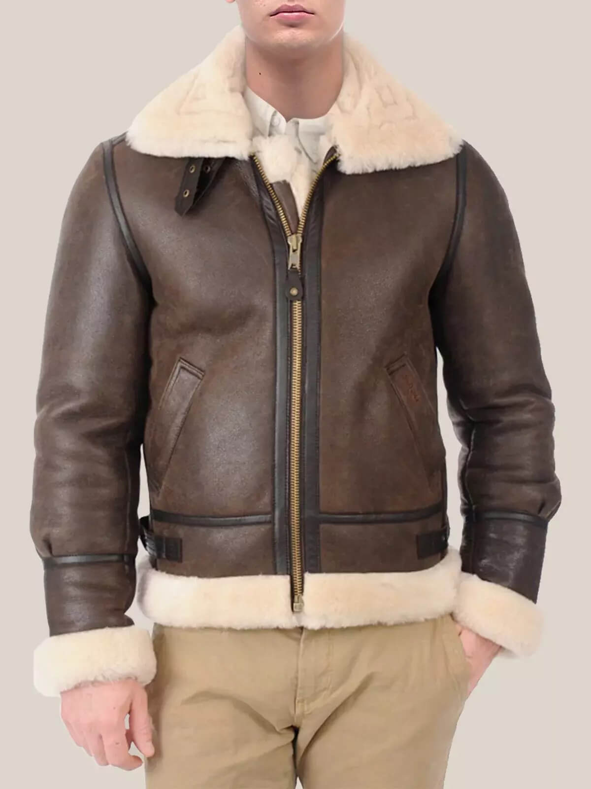 Men's Brown B3 Shearling Aviator Sheepskin Leather Bomber Jacket - AMSEL LEATHERS