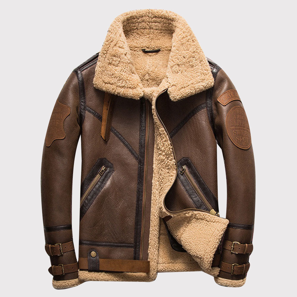 Men's Brown B3 Sheepskin Shearling Bomber Jacket - AMSEL LEATHERS