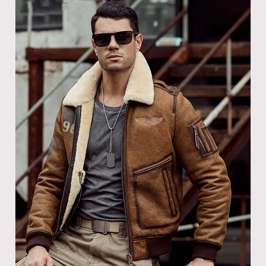 Men's Brown B6 Sheepskin Shearling Bomber Jacket - AMSEL LEATHERS