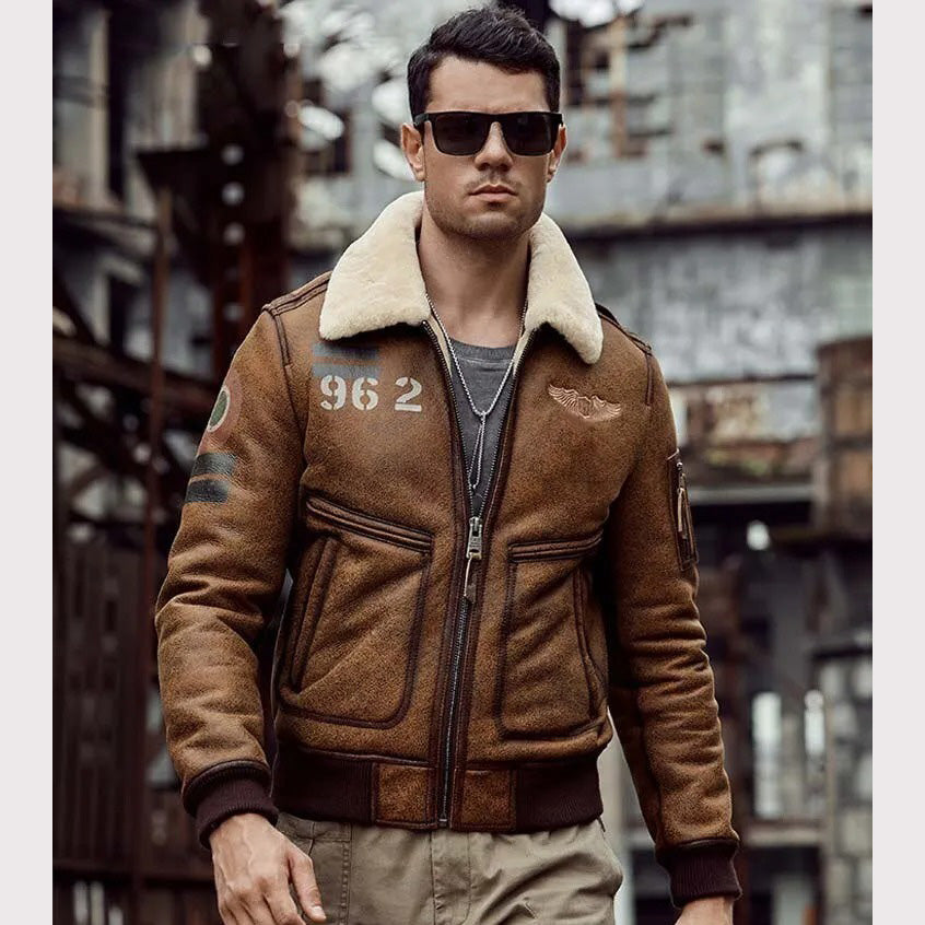 Men's Brown B6 Sheepskin Shearling Bomber Jacket - AMSEL LEATHERS