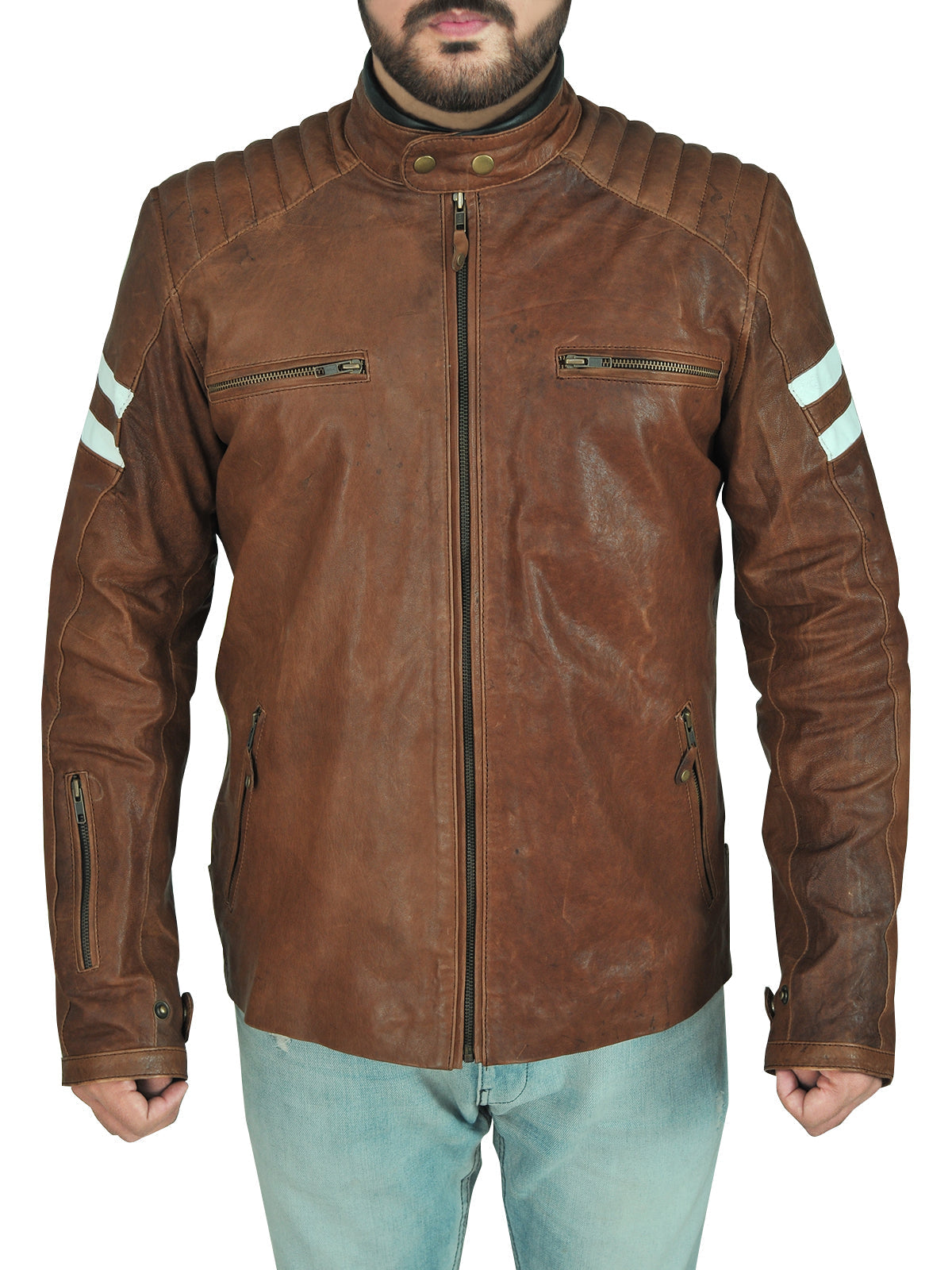men's brown leather biker jacket nolan detail close up