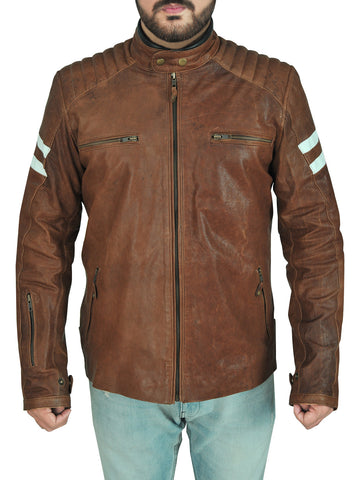 men's brown leather biker jacket nolan detail close up