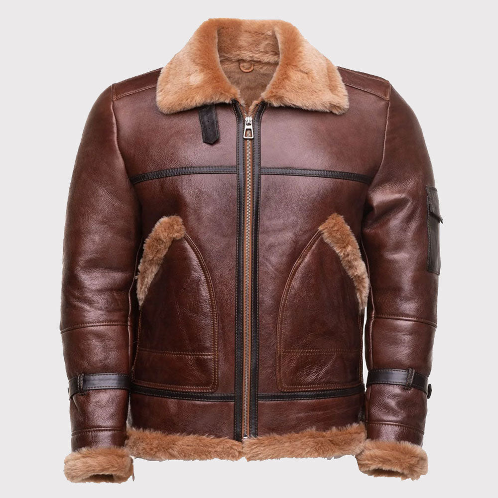 Men's Brown Bomber Sheepskin Shearling Jacket - AMSEL LEATHERS