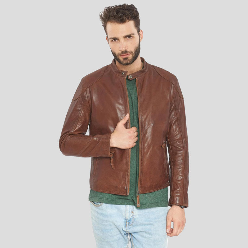 Men's Brown Premium Buffalo Leather Motorcycle Jacket - AMSEL LEATHERS