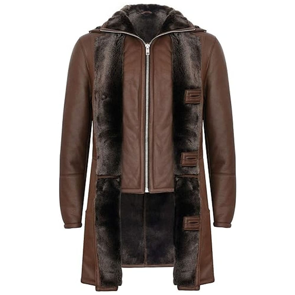 Men's Brown Double Collar Shearling Trench Coat - AMSEL LEATHERS