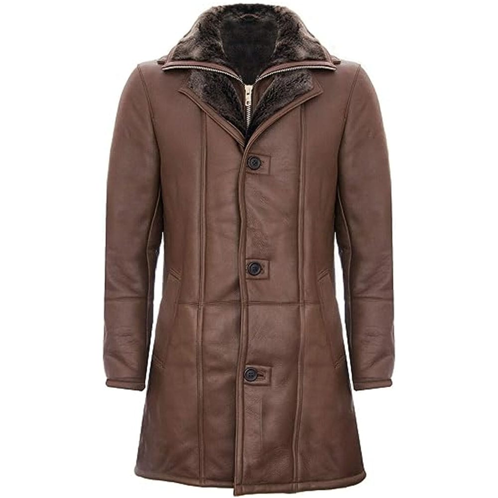 Men's Brown Double Collar Shearling Trench Coat - AMSEL LEATHERS