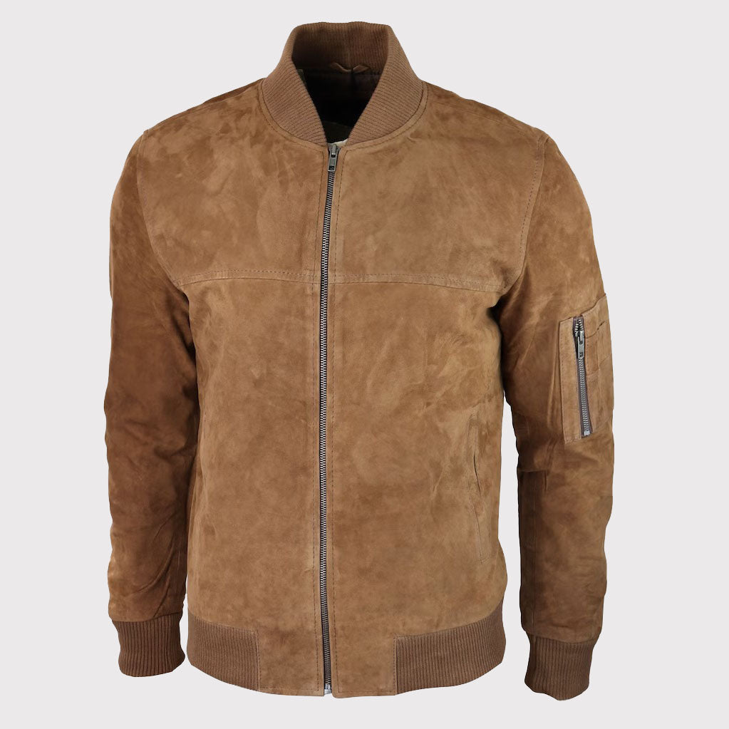 Men's Brown Genuine Suede Bomber Jacket - AMSEL LEATHERS