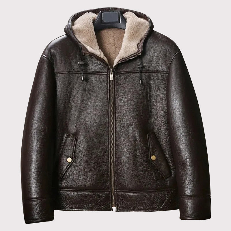 Men's Brown Hooded B3 Shearling Motorcycle Jacket - AMSEL LEATHERS