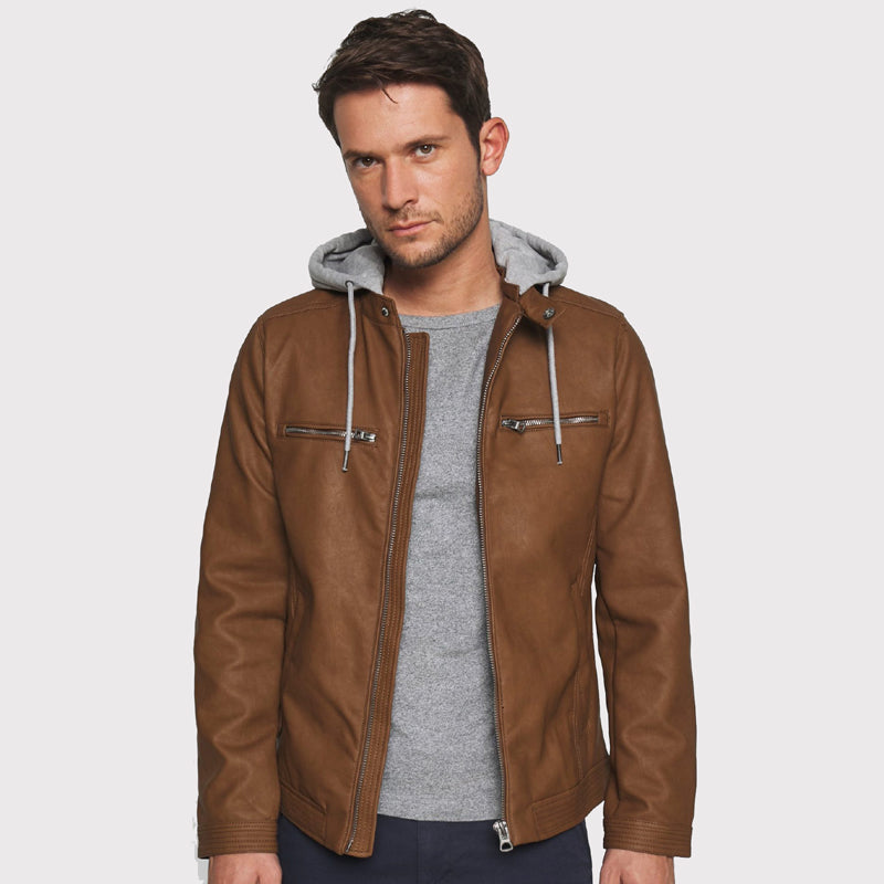 Men's Brown Hooded Biker Leather Jacket - AMSEL LEATHERS