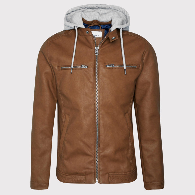 Men's Brown Hooded Biker Leather Jacket - AMSEL LEATHERS