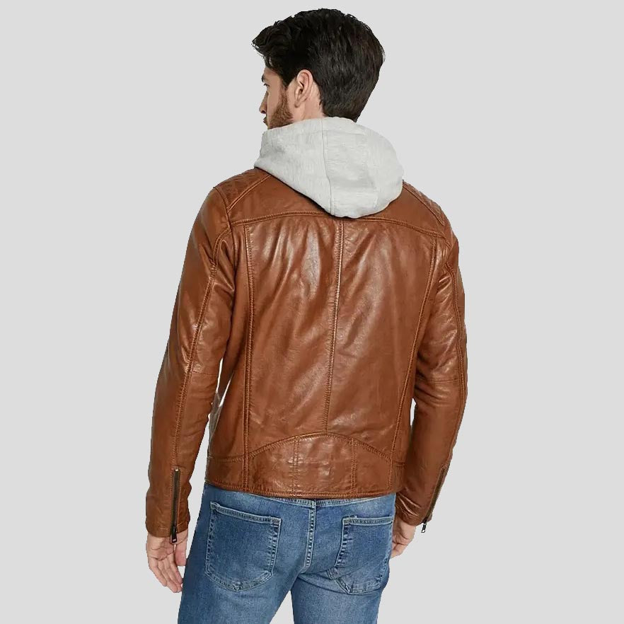 Men's Brown Hooded Lambskin Leather Jacket - AMSEL LEATHERS