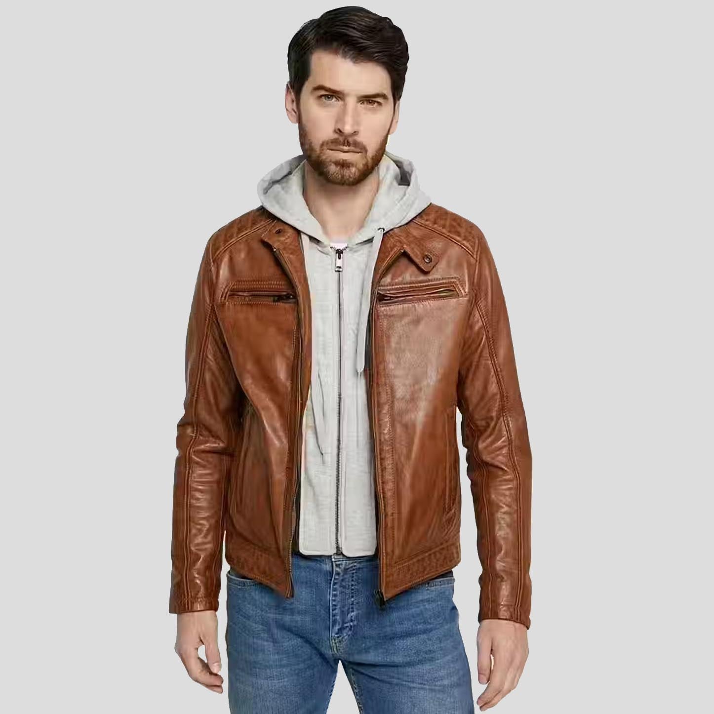 Men's Brown Hooded Lambskin Leather Jacket - AMSEL LEATHERS