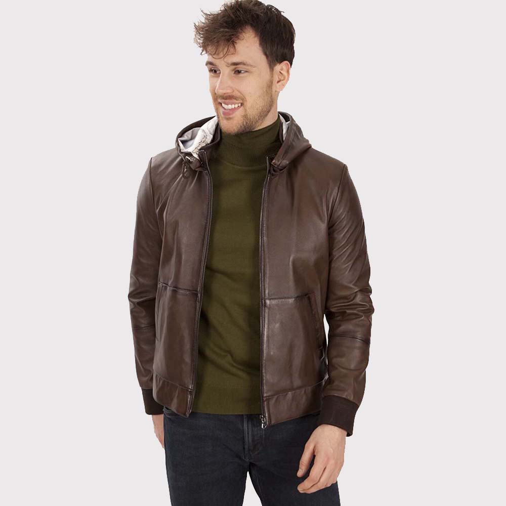 Men's Brown Hooded Leather Jacket - AMSEL LEATHERS