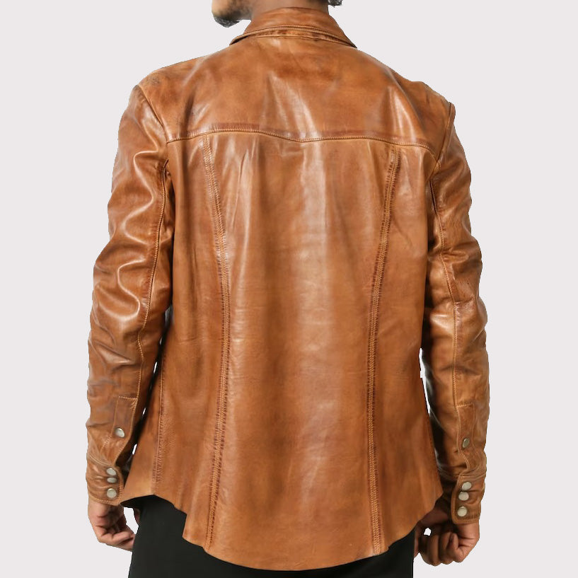 Men's Brown Lambskin Leather Biker Shirt - AMSEL LEATHERS