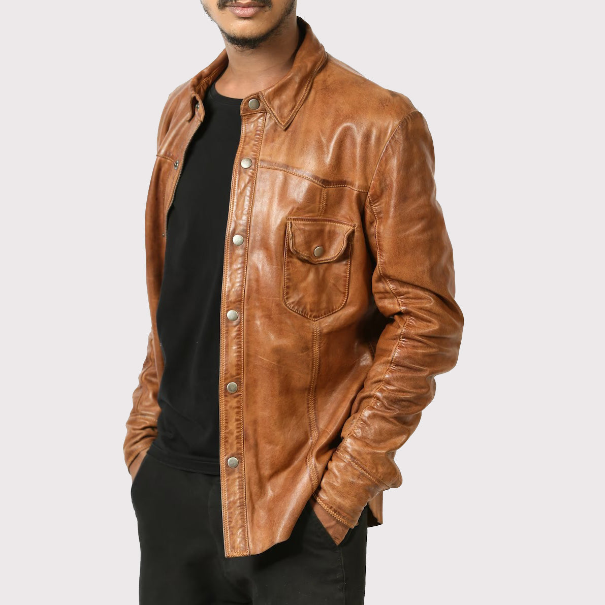 Men's Brown Lambskin Leather Biker Shirt - AMSEL LEATHERS