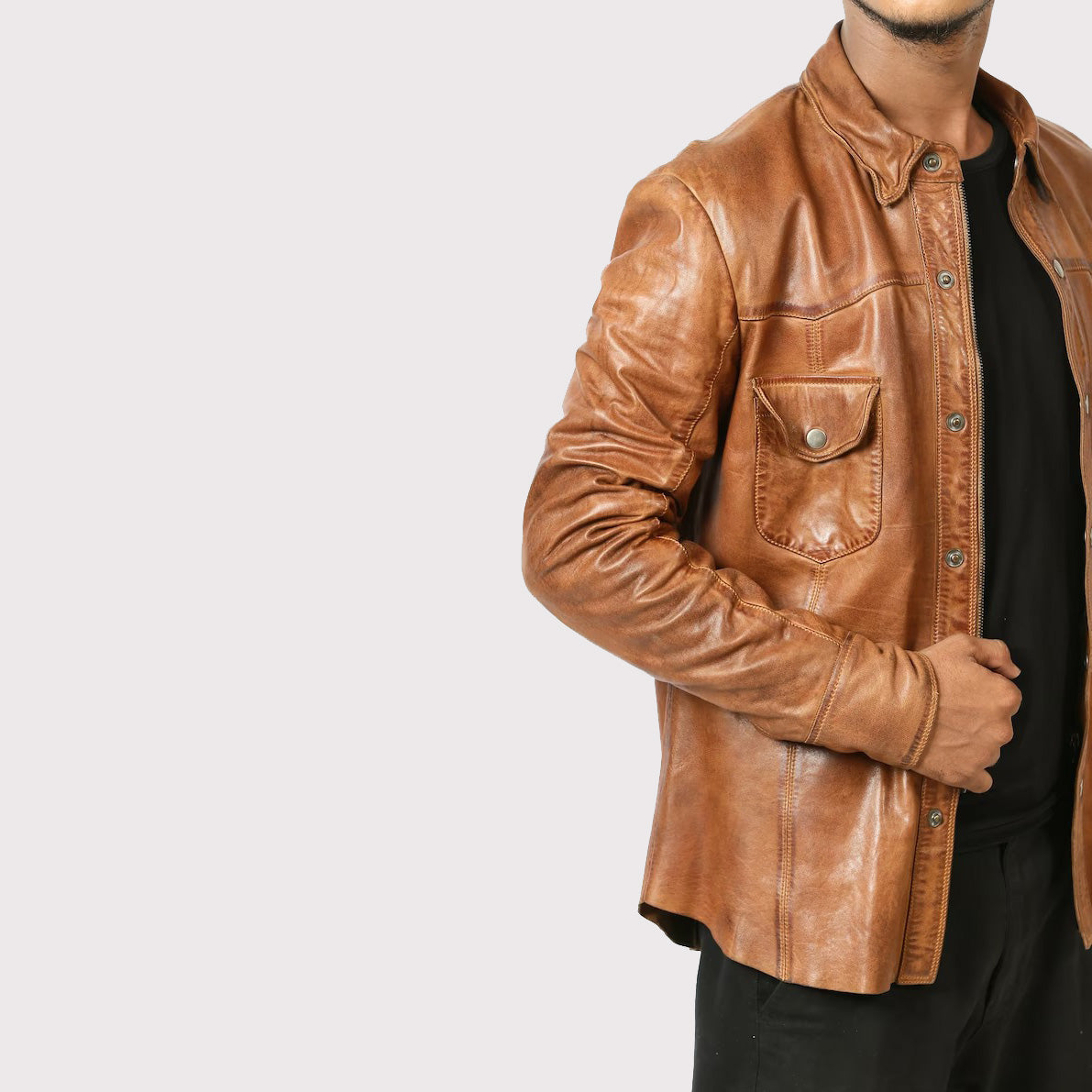 Men's Brown Lambskin Leather Biker Shirt - AMSEL LEATHERS