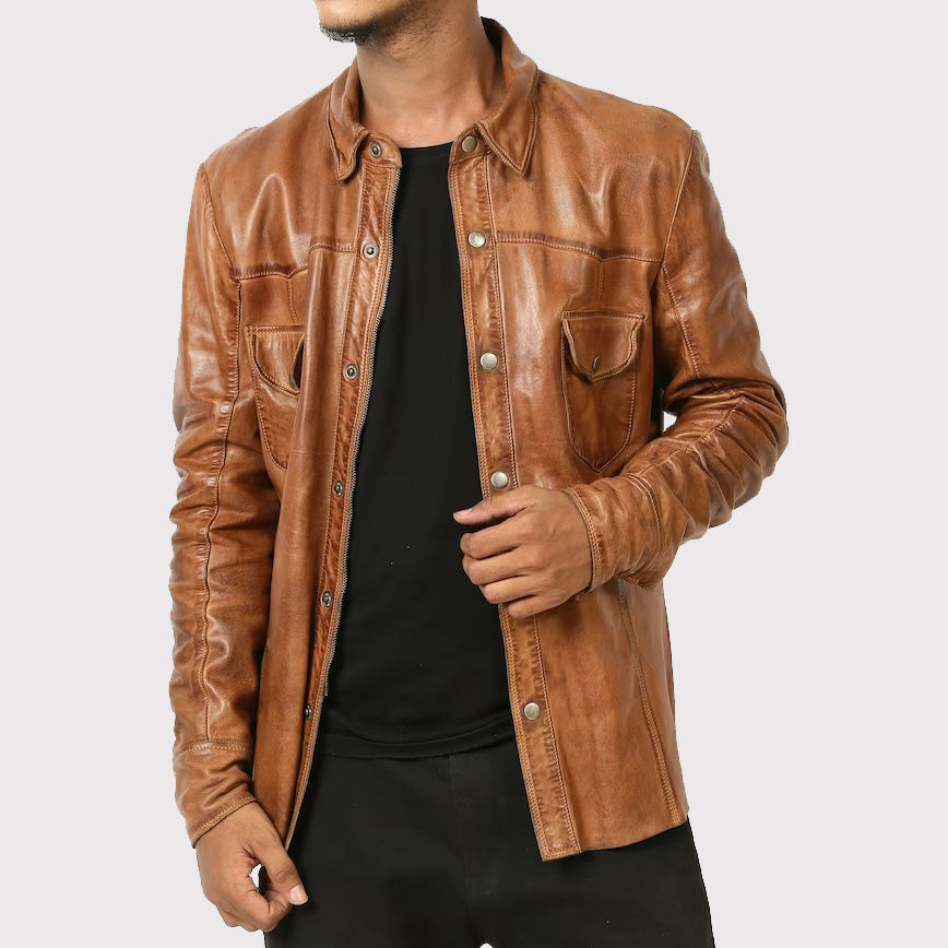 Men's Brown Lambskin Leather Biker Shirt - AMSEL LEATHERS