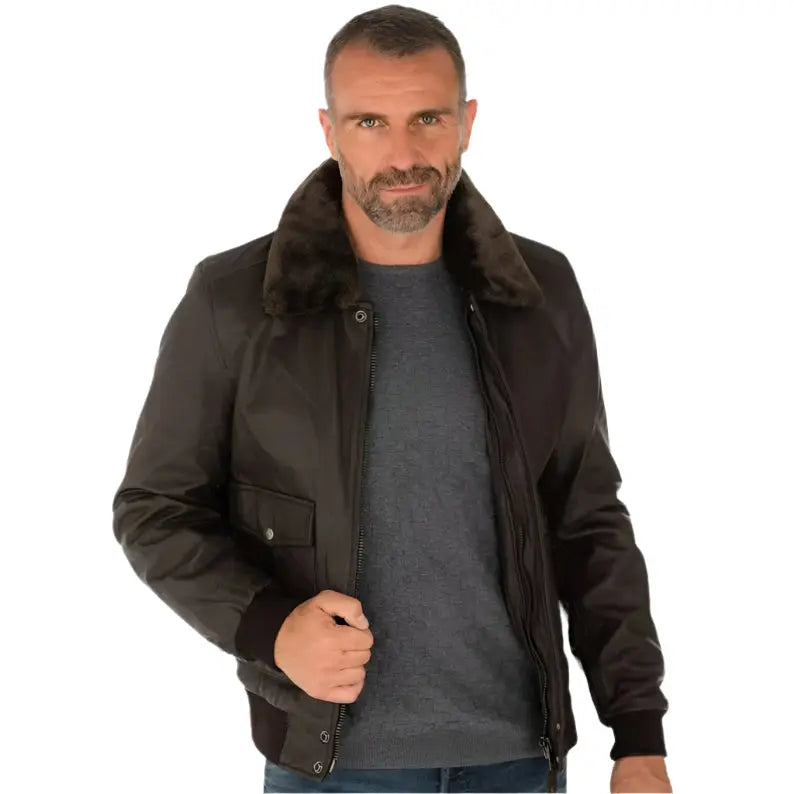 Men's Brown Lambskin Leather Bomber Jacket - AMSEL LEATHERS