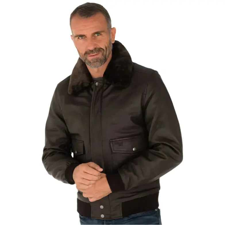 Men's Brown Lambskin Leather Bomber Jacket - AMSEL LEATHERS