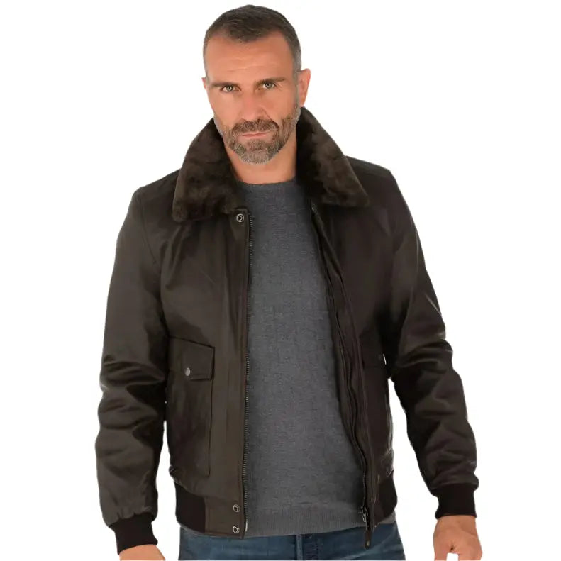 Men's Brown Lambskin Leather Bomber Jacket - AMSEL LEATHERS