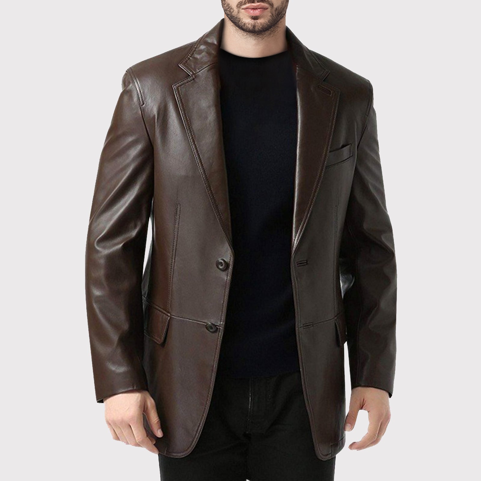 Men's Single Breasted Brown Leather Blazer Coat - AMSEL LEATHERS