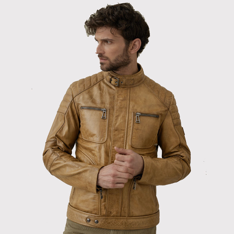 Men's Brown Genuine Leather Cafe Racer Jacket - Classic Style! - AMSEL LEATHERS